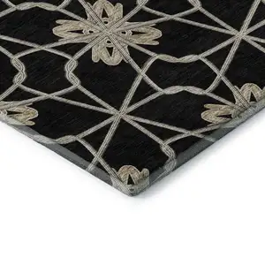 Photo of Black Khaki And Beige Geometric Washable Area Rug With UV Protection