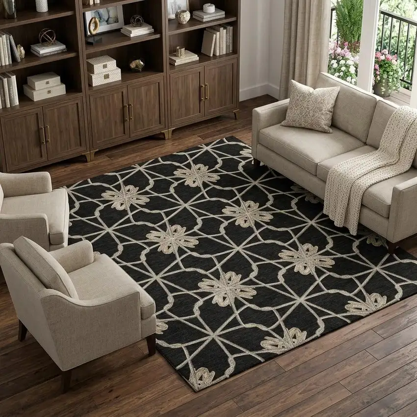 Black Khaki And Beige Geometric Washable Area Rug With UV Protection Photo 1