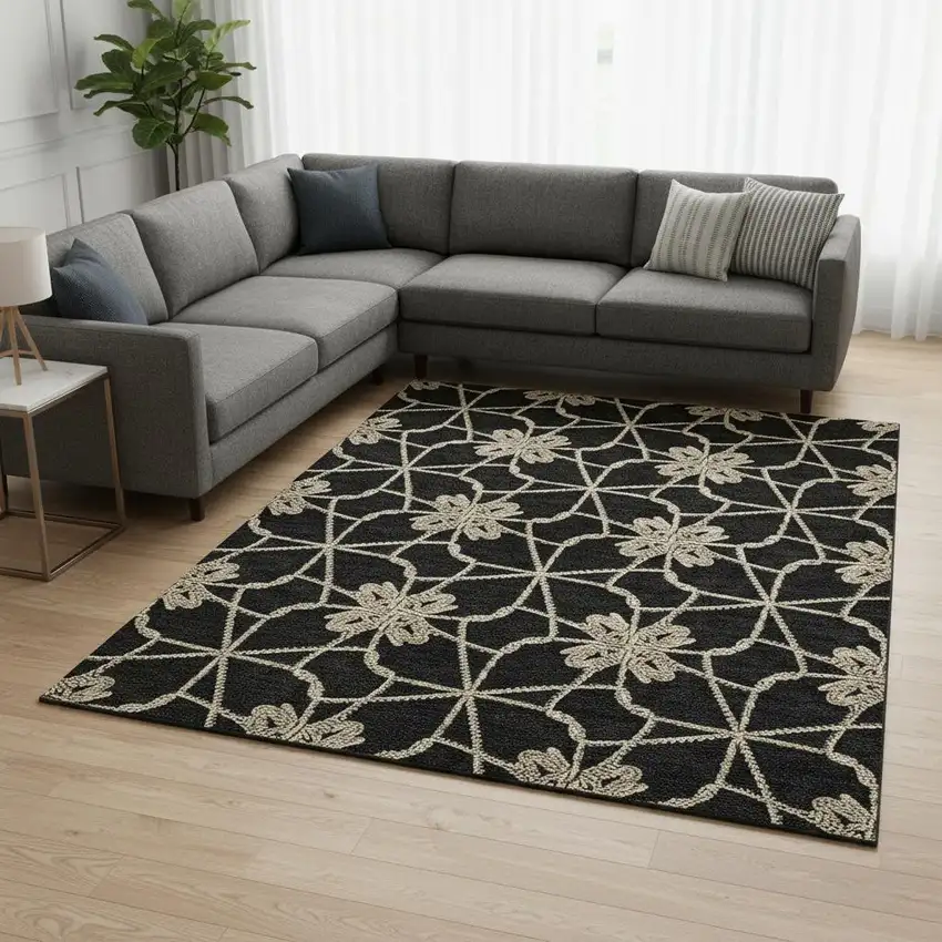 Black Khaki And Beige Geometric Washable Area Rug With UV Protection Photo 2