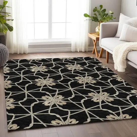 Black Khaki And Beige Geometric Washable Area Rug With UV Protection Photo 5