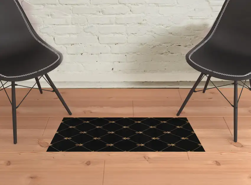 2'X3' Black Machine Woven Hand Carved Fleur De Lis Indoor Accent Rug Photo 2