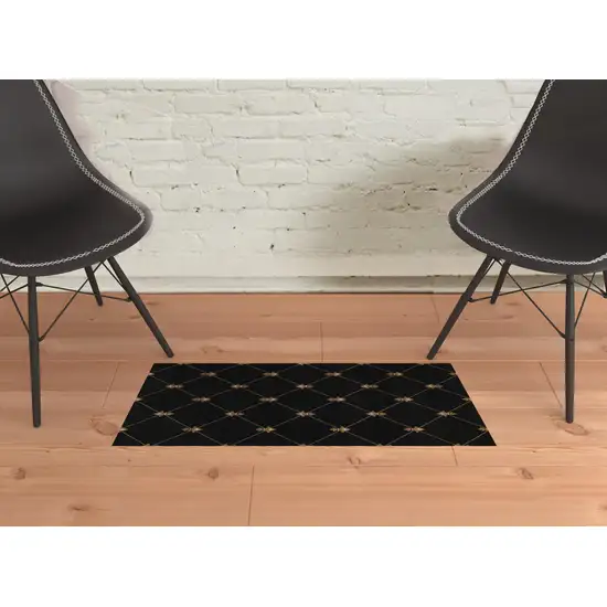 2'X3' Black Machine Woven Hand Carved Fleur De Lis Indoor Accent Rug Photo 2
