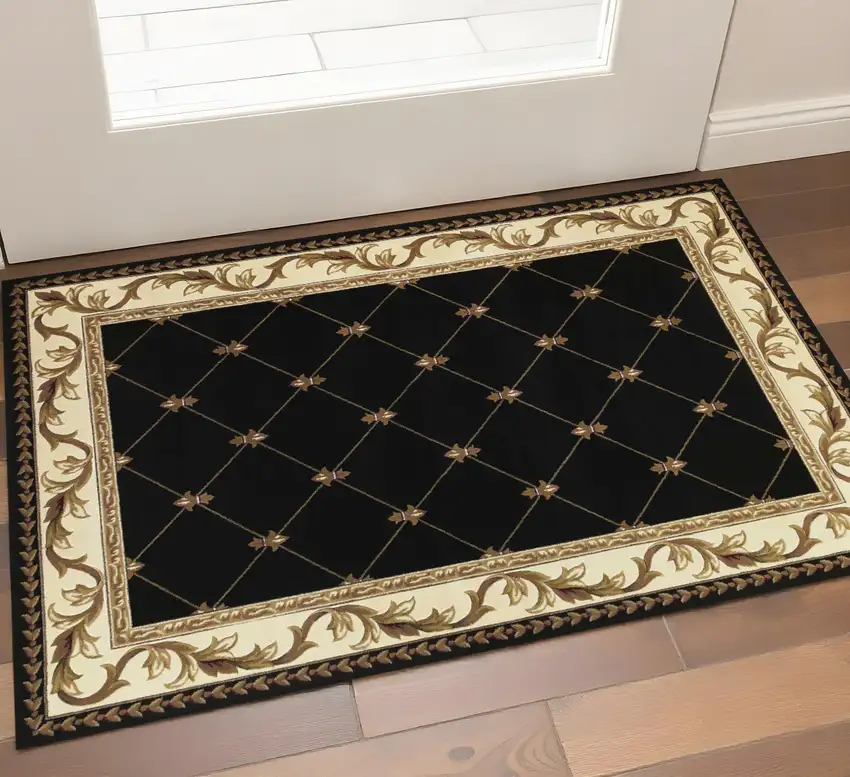 Black Machine Woven Hand Carved Fleur De Lis Indoor Accent Rug Photo 1