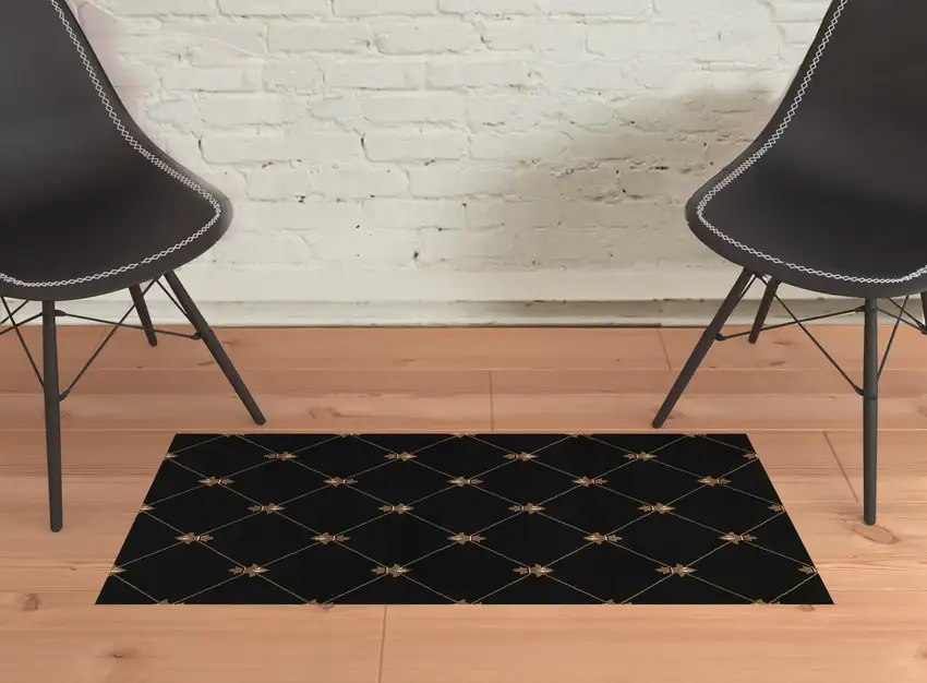 2'X3' Black Machine Woven Hand Carved Fleur De Lis Indoor Accent Rug Photo 2