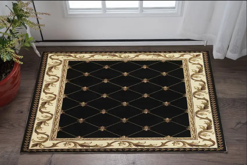 3'X5' Black Machine Woven Hand Carved Fleur De Lis Indoor Area Rug Photo 1