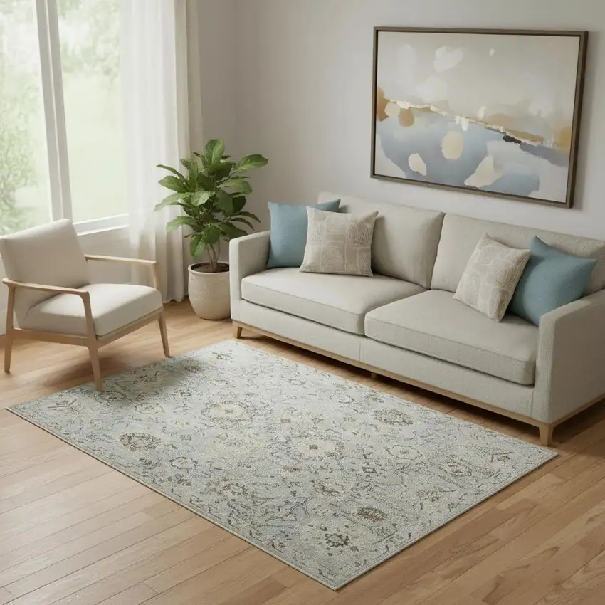 Black Mint Green And Ivory Floral Distressed Area Rug Photo 1