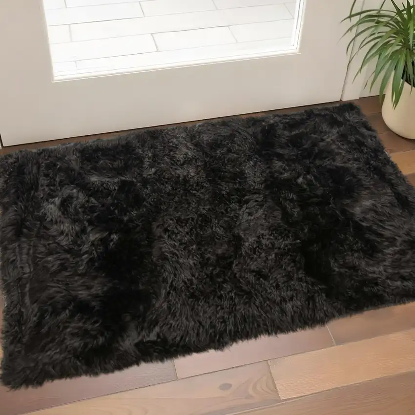 Black Natural Rectangular Sheepskin Area Rug Photo 1