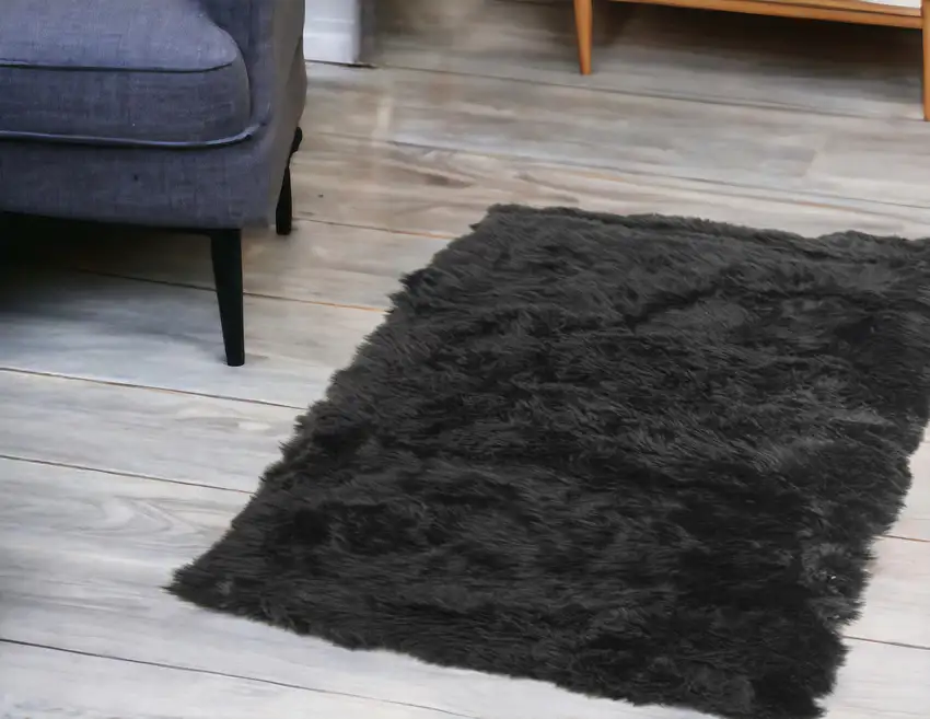 Black Natural Rectangular Sheepskin Area Rug Photo 1