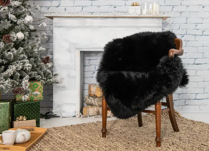 Black Natural Rectangular Sheepskin Area Rug Photo 5