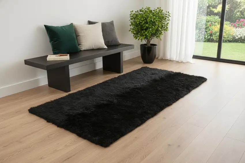Black Natural Rectangular Sheepskin Area Rug Photo 1