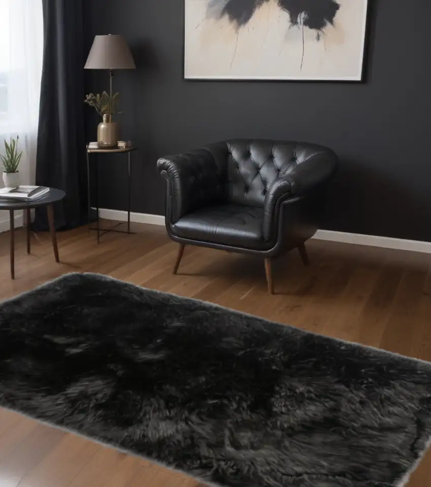Black Natural Rectangular Sheepskin Area Rug Photo 1