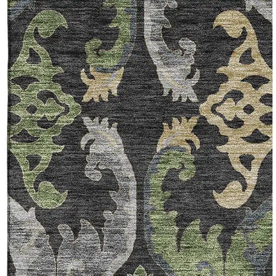 Black Olive Green And Gray Floral Washable Area Rug With UV Protection Photo 2