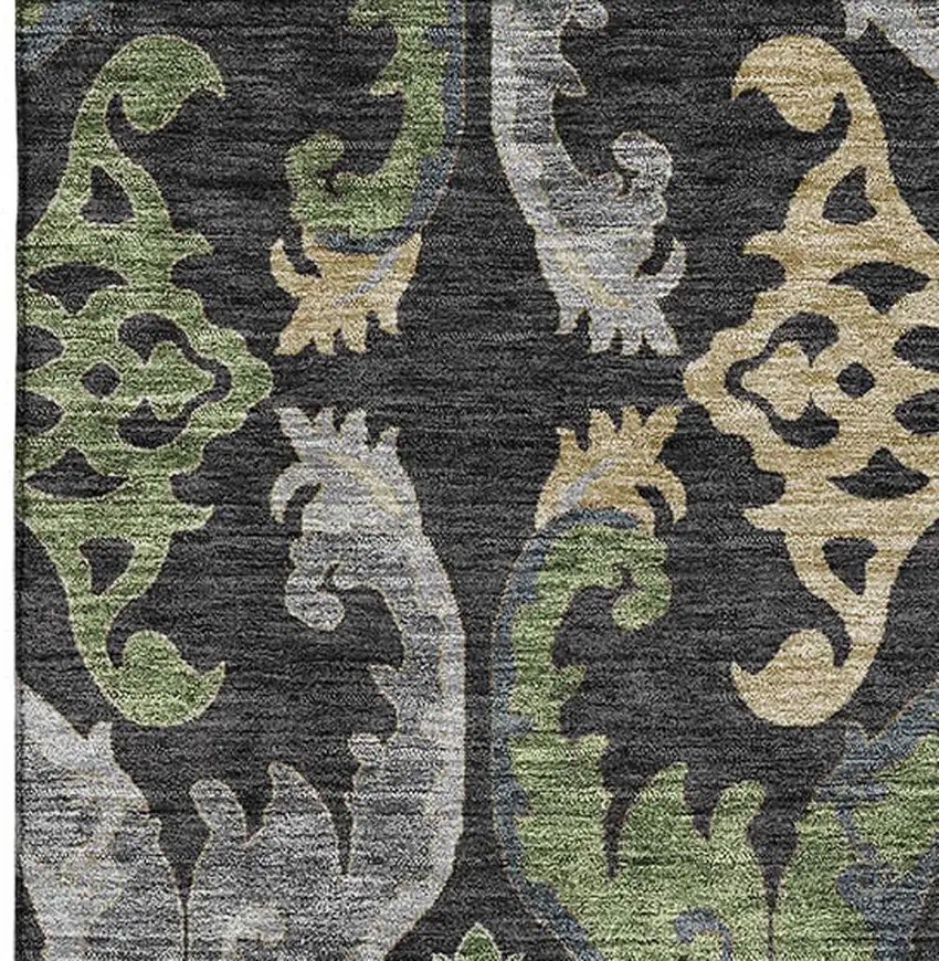 Black Olive Green And Gray Floral Washable Area Rug With UV Protection Photo 2