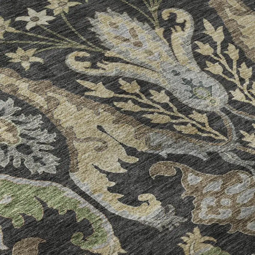 Black Olive Green And Gray Floral Washable Area Rug With UV Protection Photo 9