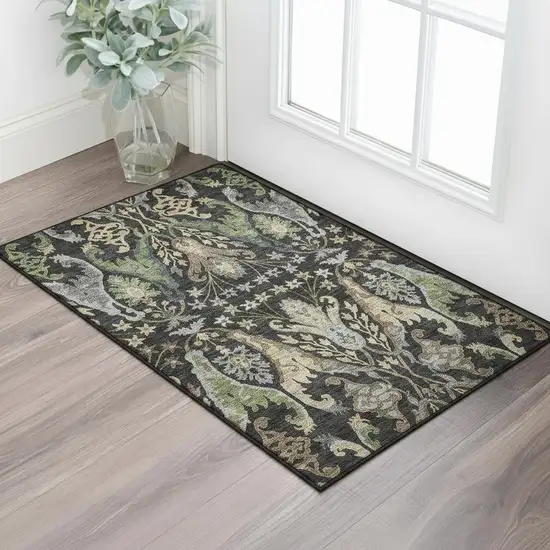 Black Olive Green And Gray Floral Washable Area Rug With UV Protection Photo 2