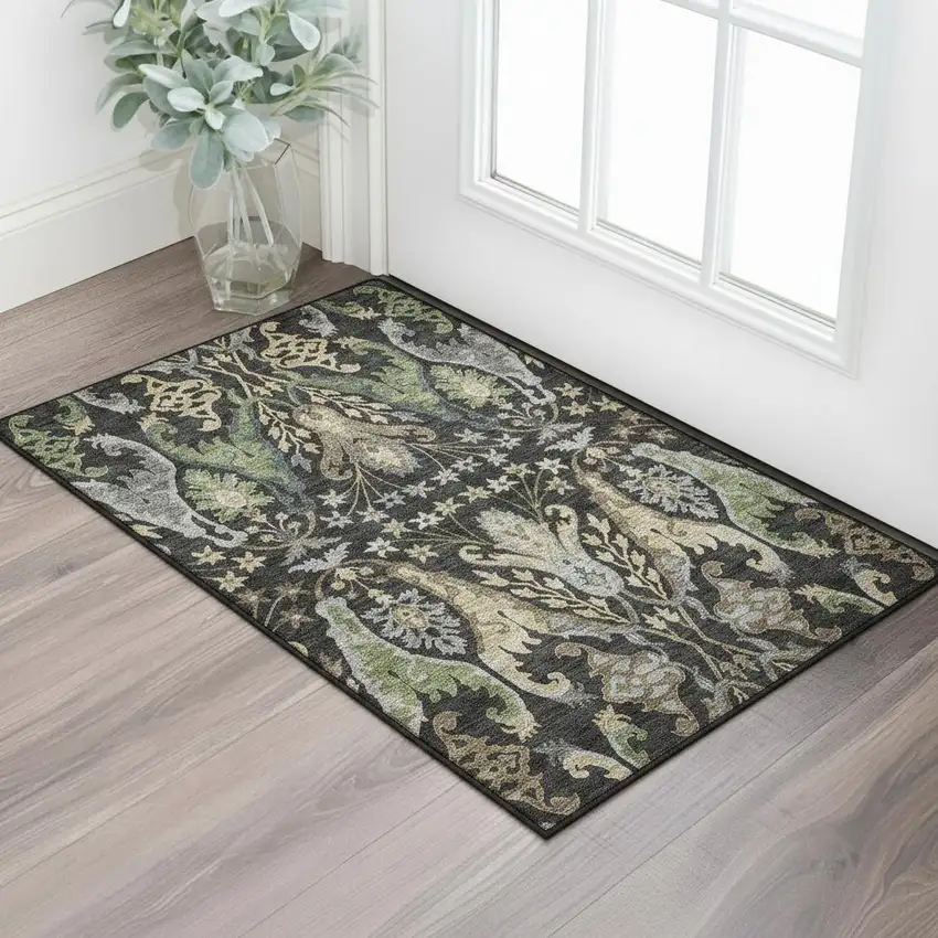 Black Olive Green And Gray Floral Washable Area Rug With UV Protection Photo 2