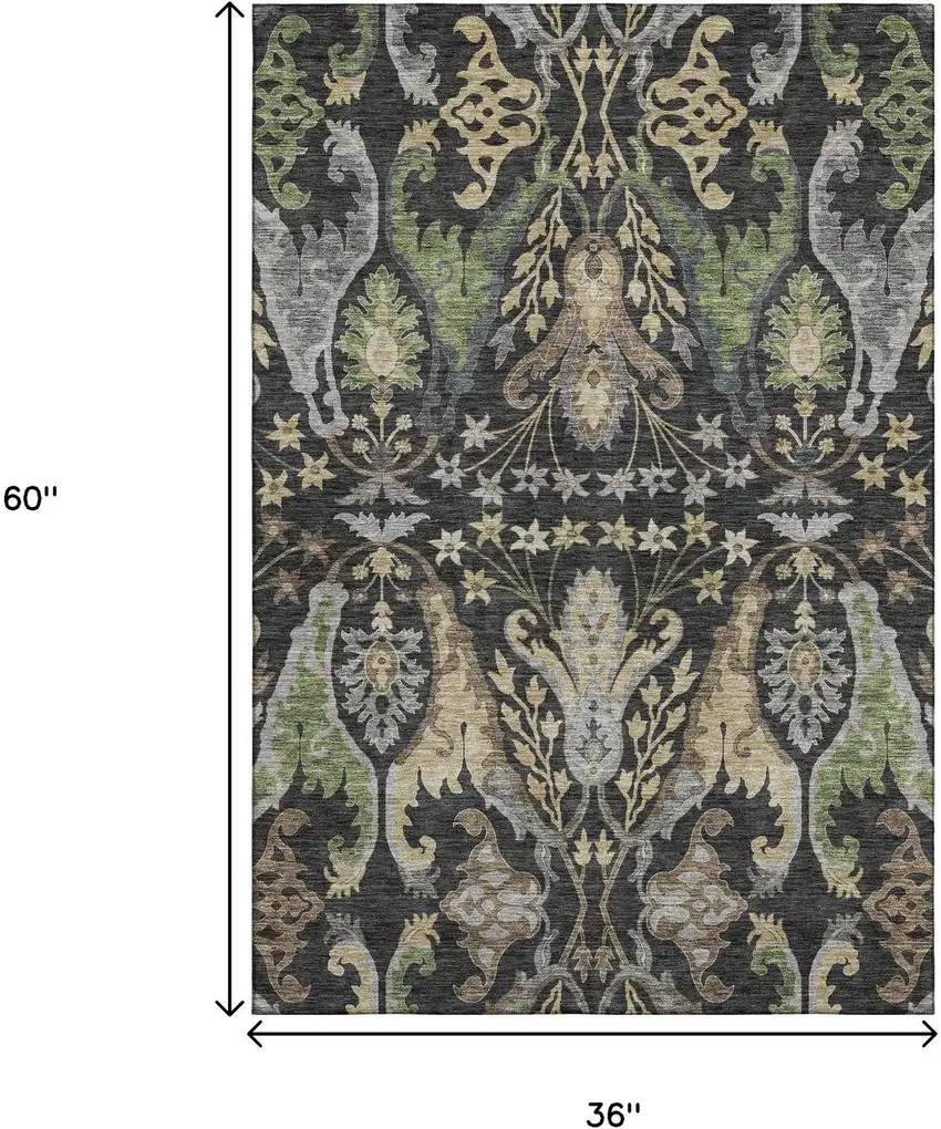 Black Olive Green And Gray Floral Washable Area Rug With UV Protection Photo 3