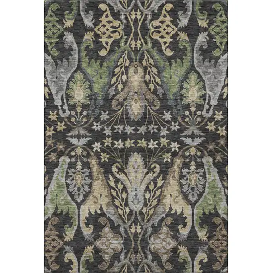 Black Olive Green And Gray Floral Washable Area Rug With UV Protection Photo 3