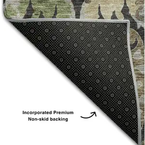 Photo of Black Olive Green And Gray Floral Washable Area Rug With UV Protection