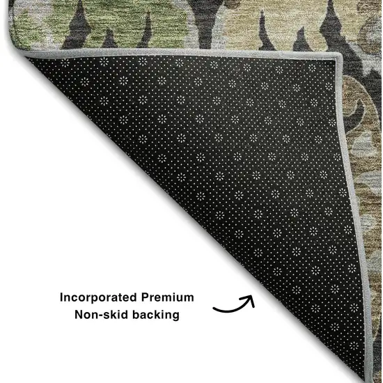 Black Olive Green And Gray Floral Washable Area Rug With UV Protection Photo 6
