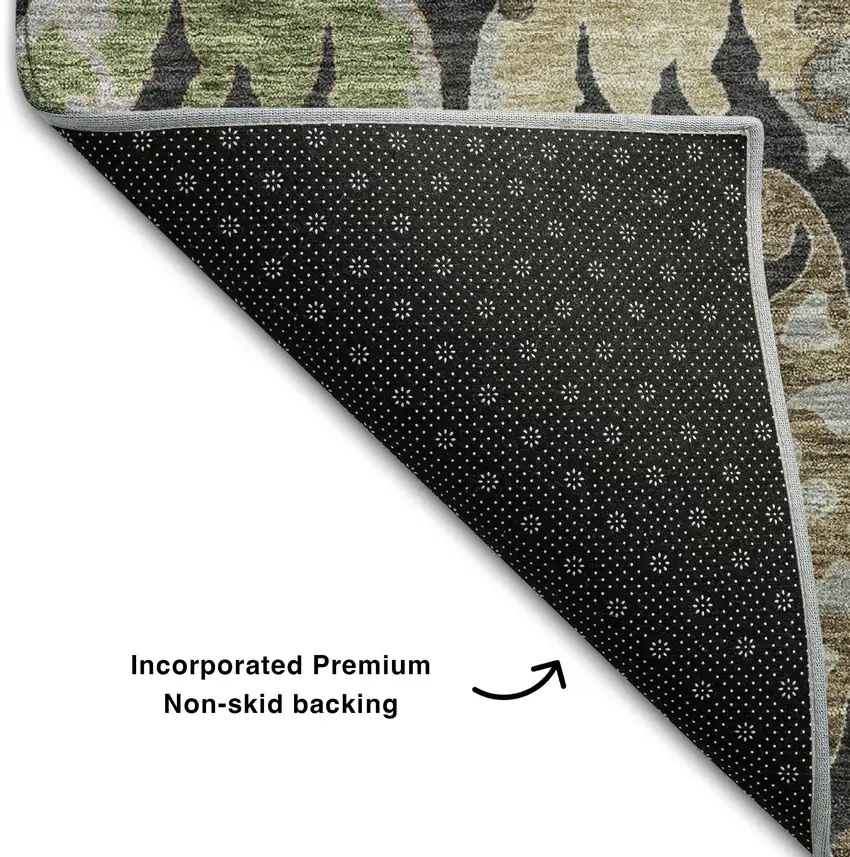 Black Olive Green And Gray Floral Washable Area Rug With UV Protection Photo 6