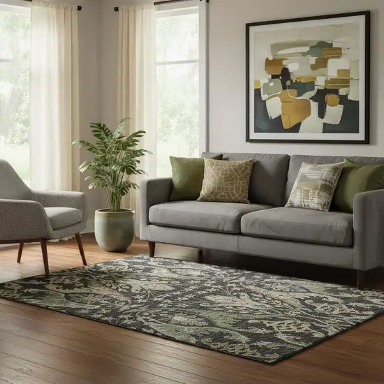 Black Olive Green And Gray Floral Washable Area Rug With UV Protection Photo 2