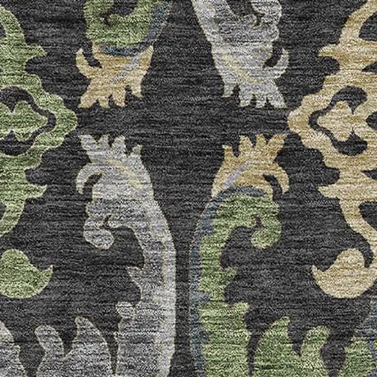 Black Olive Green And Gray Floral Washable Area Rug With UV Protection Photo 2