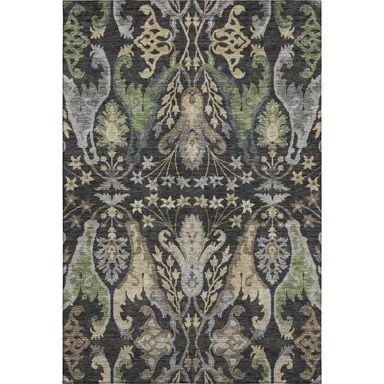 Black Olive Green And Gray Floral Washable Area Rug With UV Protection Photo 1