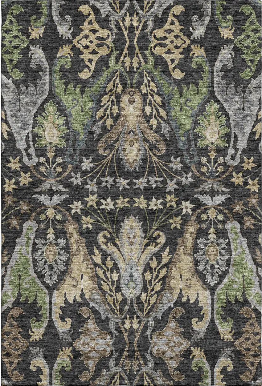 Black Olive Green And Gray Floral Washable Area Rug With UV Protection Photo 1