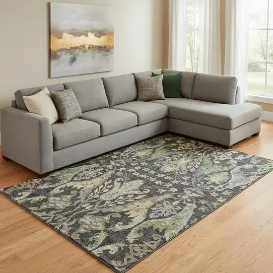 Black Olive Green And Gray Floral Washable Area Rug With UV Protection Photo 2