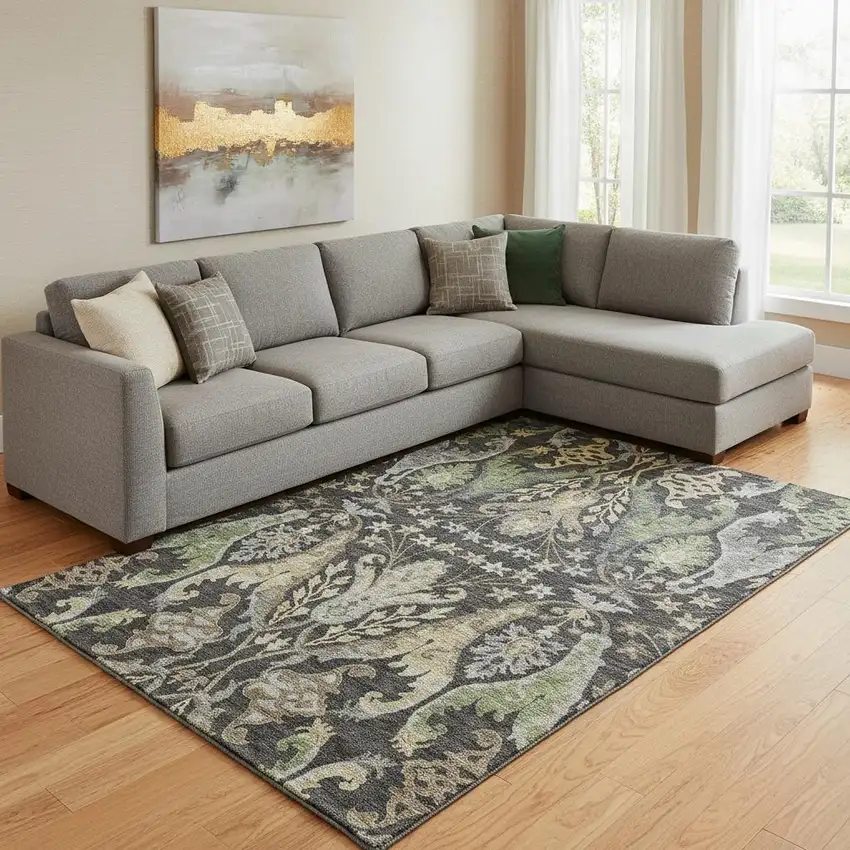 Black Olive Green And Gray Floral Washable Area Rug With UV Protection Photo 2