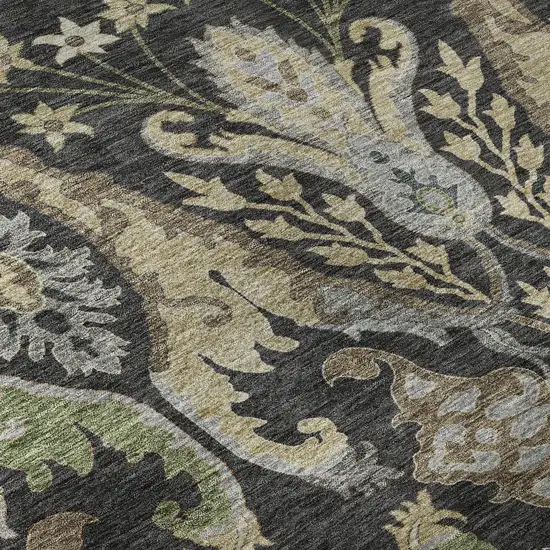 Black Olive Green And Gray Floral Washable Area Rug With UV Protection Photo 9