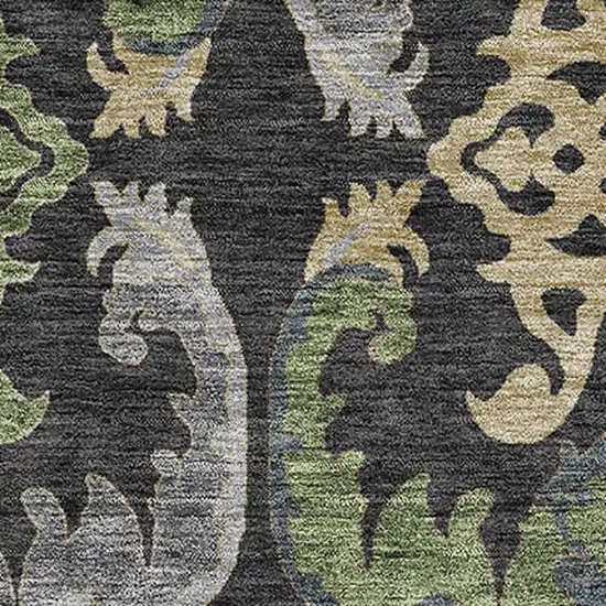Black Olive Green And Gray Floral Washable Area Rug With UV Protection Photo 2