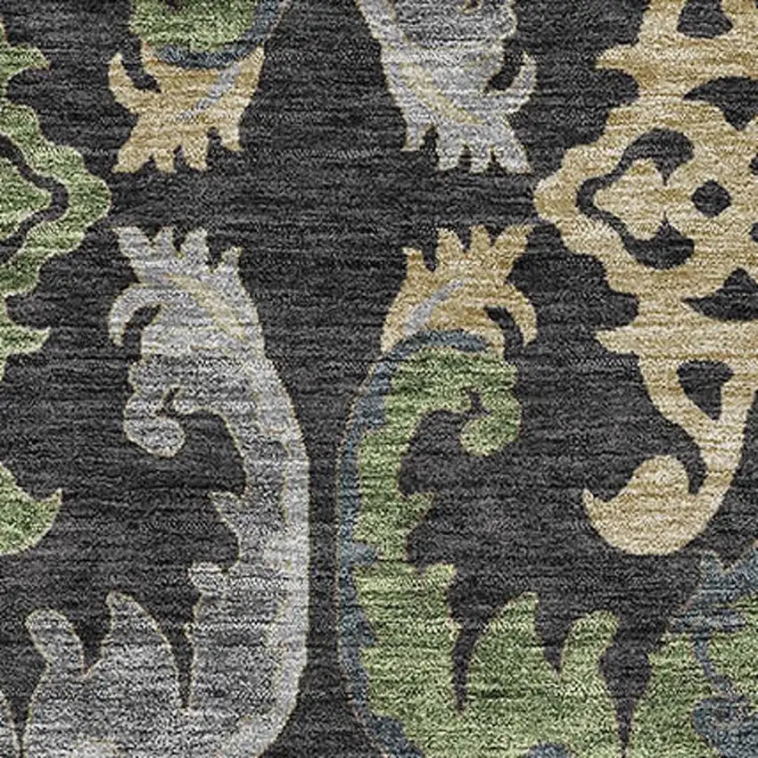 Black Olive Green And Gray Floral Washable Area Rug With UV Protection Photo 2