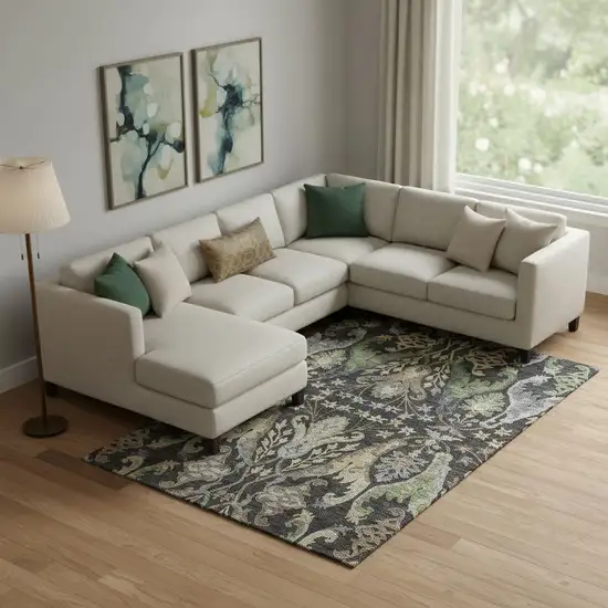 Black Olive Green And Gray Floral Washable Area Rug With UV Protection Photo 2