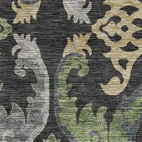 Black Olive Green And Gray Floral Washable Area Rug With UV Protection Photo 2