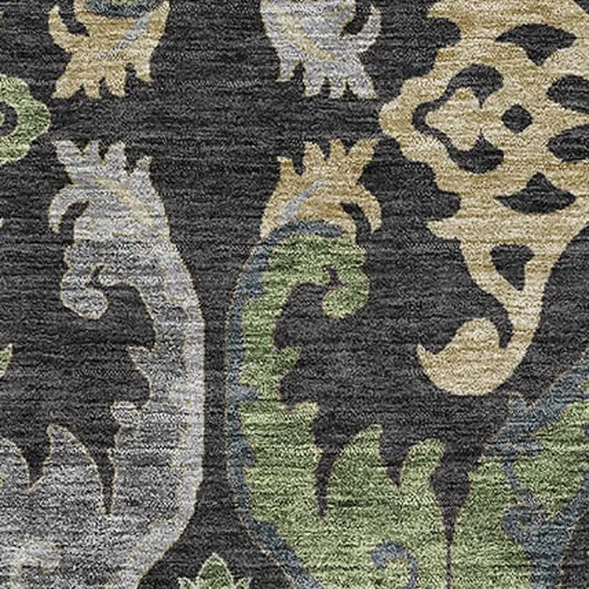 Black Olive Green And Gray Floral Washable Area Rug With UV Protection Photo 2