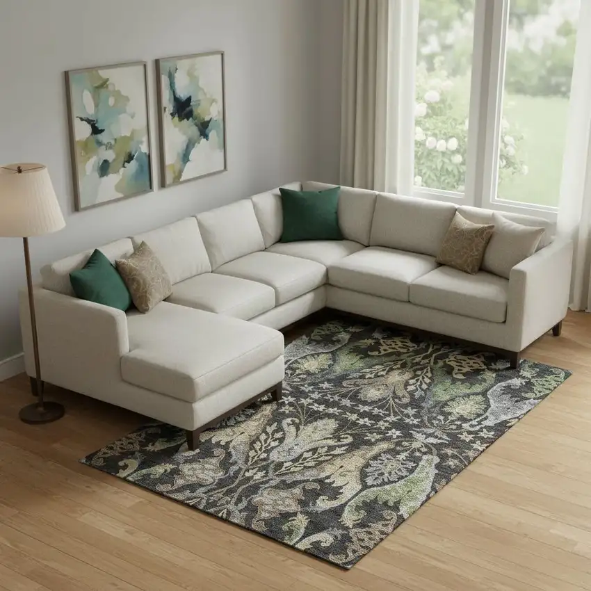 Black Olive Green And Gray Floral Washable Area Rug With UV Protection Photo 2