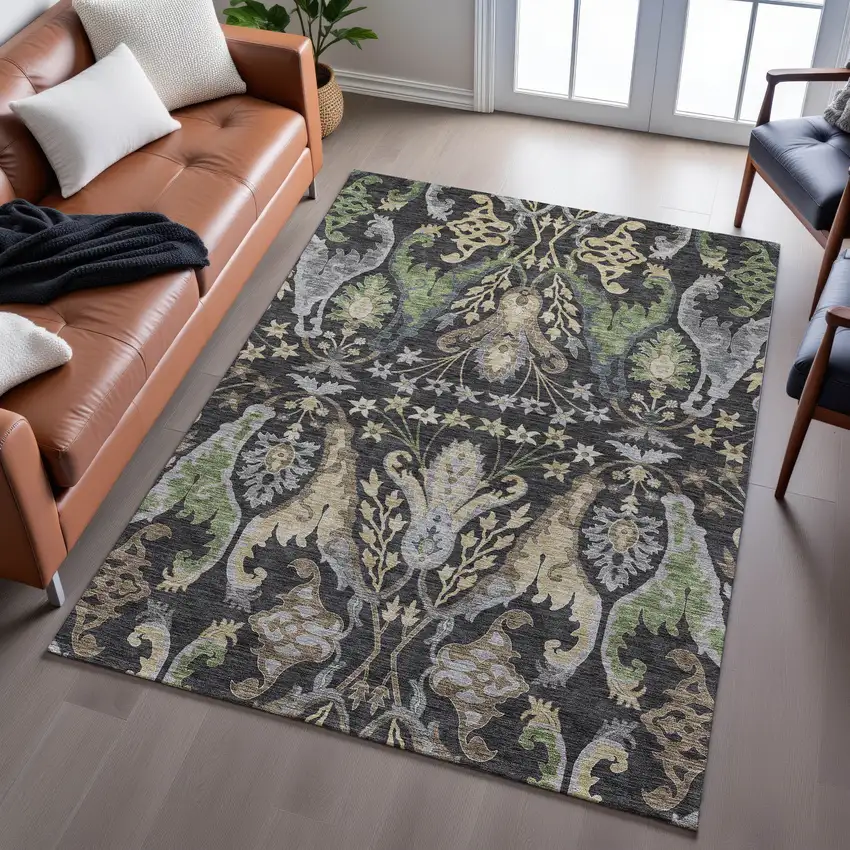 Black Olive Green And Gray Floral Washable Area Rug With UV Protection Photo 5