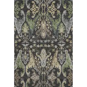 Photo of Black Olive Green And Gray Floral Washable Area Rug With UV Protection