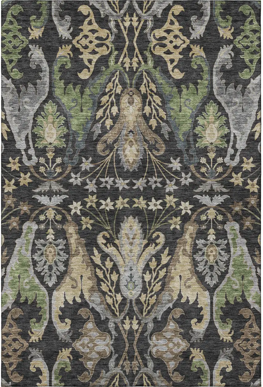 Black Olive Green And Gray Floral Washable Area Rug With UV Protection Photo 3