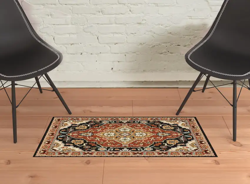 Black Orange And Beige Oriental Power Loom Stain Resistant Area Rug With Fringe Photo 3
