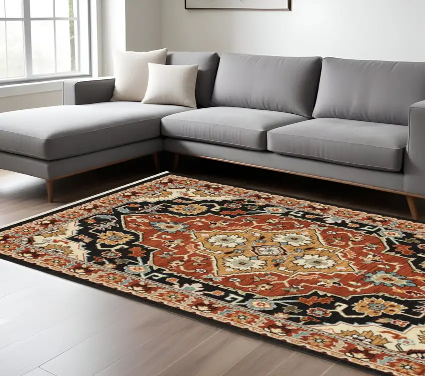 Black And Red Oriental Area Rug With Fringe Photo 1