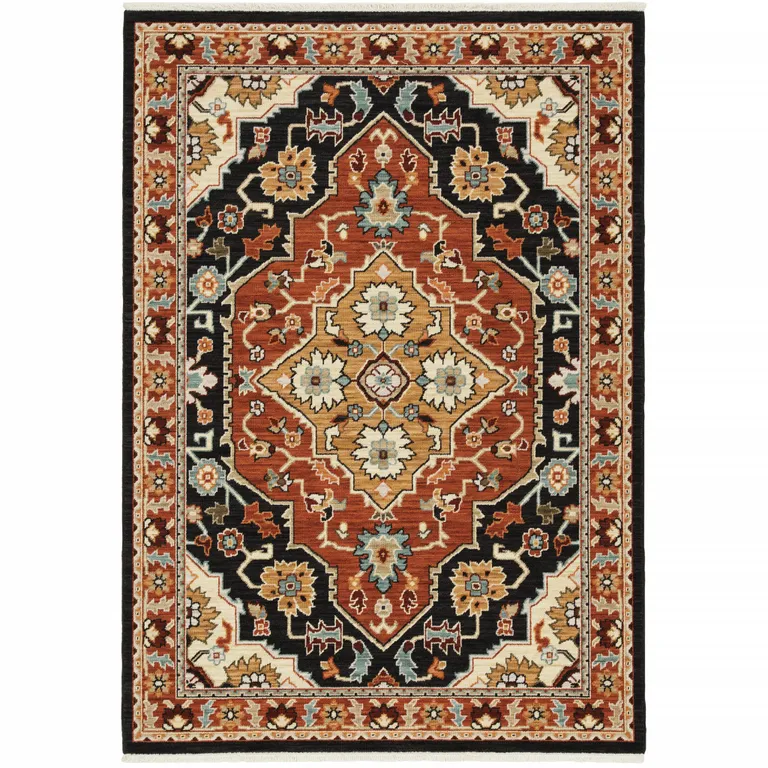 Black Orange And Beige Oriental Power Loom Stain Resistant Area Rug With Fringe Photo 2