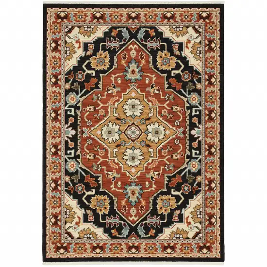 Black And Red Oriental Area Rug With Fringe Photo 2