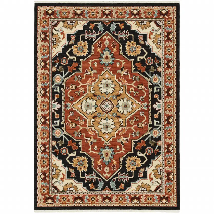 Black Orange And Beige Oriental Power Loom Stain Resistant Area Rug With Fringe Photo 1