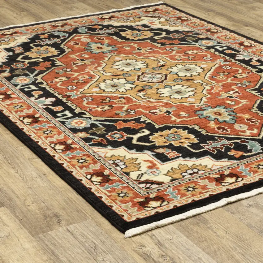 Black Orange And Beige Oriental Power Loom Stain Resistant Area Rug With Fringe Photo 7