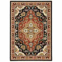 Photo of Black Orange And Beige Oriental Power Loom Stain Resistant Area Rug With Fringe