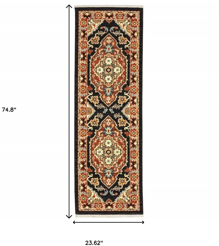 Black Orange And Beige Oriental Power Loom Stain Resistant Runner Rug With Fringe Photo 4