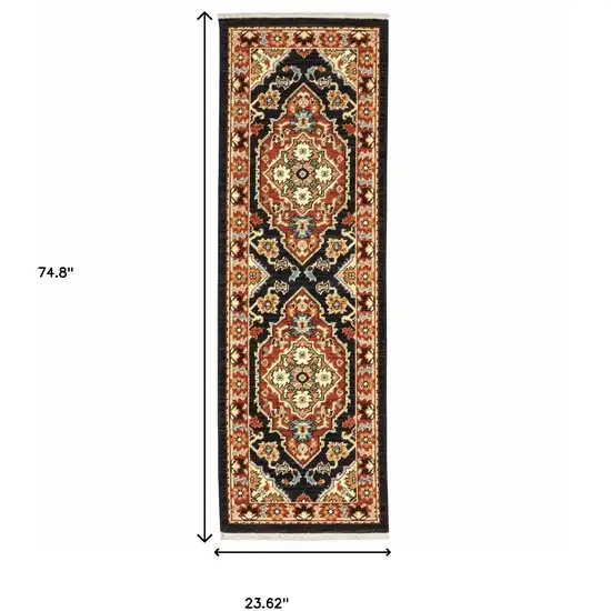 2' X 6' Black Orange And Beige Oriental Power Loom Stain Resistant Runner Rug With Fringe Photo 3